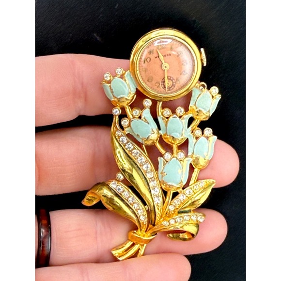 Vintage Welsbro Watch Brooch Tulips Pot Metal Rhinestone NICE Untested